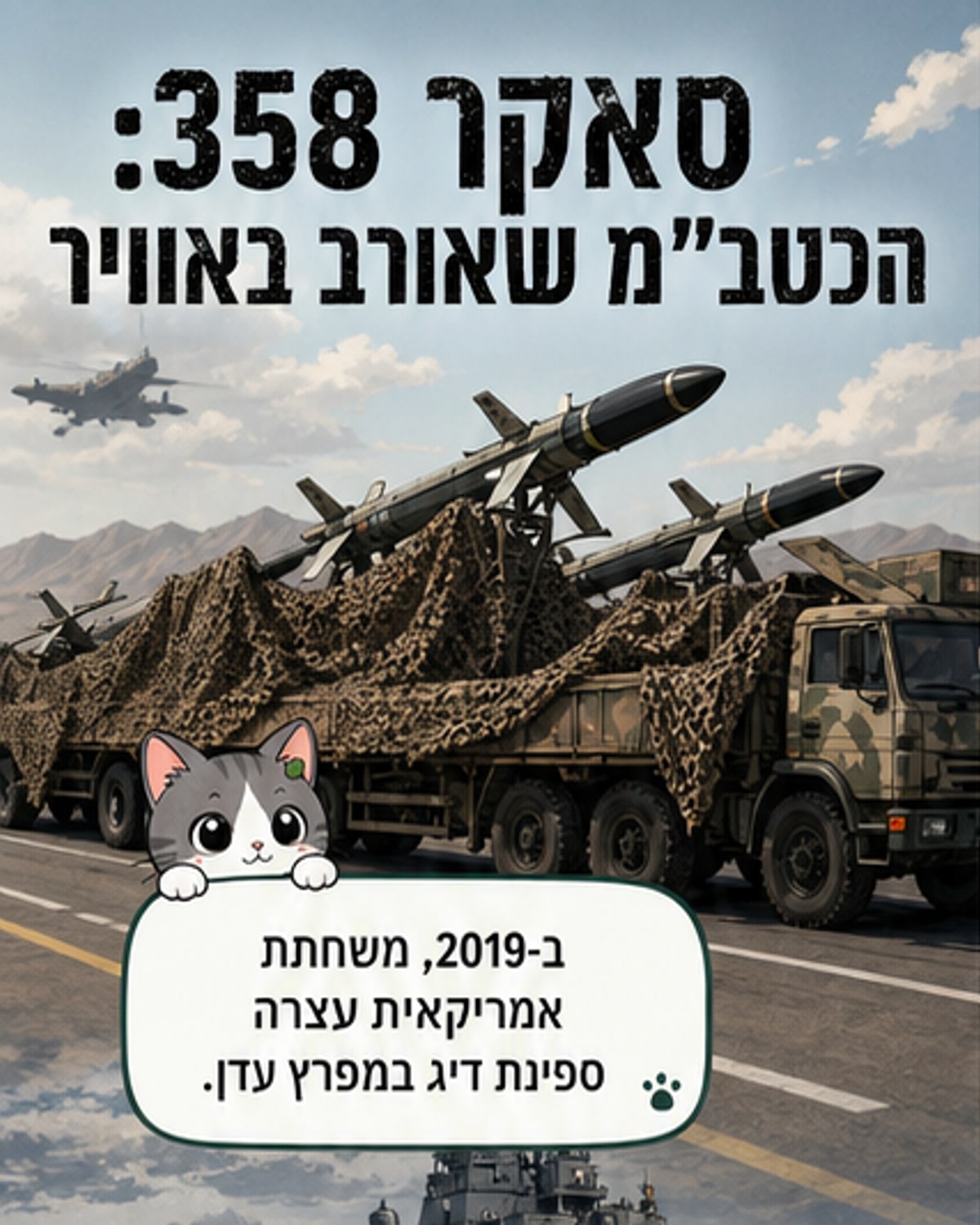 איור של הסאקר 358 – כטב"מ איראני בצורת צינור עם כנפיים, ממריא ממשאית מוסווה, עם תצוגת חיתוי של פגיעה במסוק אפאצ'י.