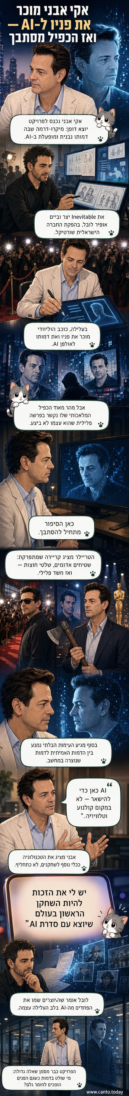 אקי אבני מחייך, מוקף בדמויות דיגיטליות שלו מangled על ידי בינה מלאכותית, עם שלטים של הוליווד וגרזן ביד.