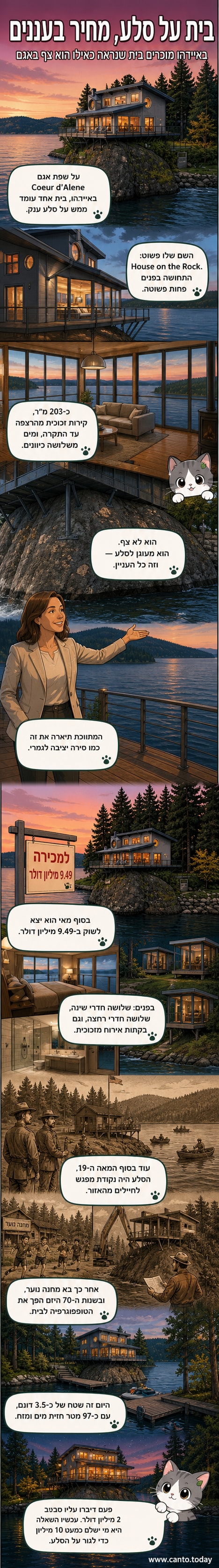 הבית 'House on the Rock' באידאהו, ארה"ב, בנוי על סלע טבעי עם קירות זכוכית ונוף פנורמי לאגם.