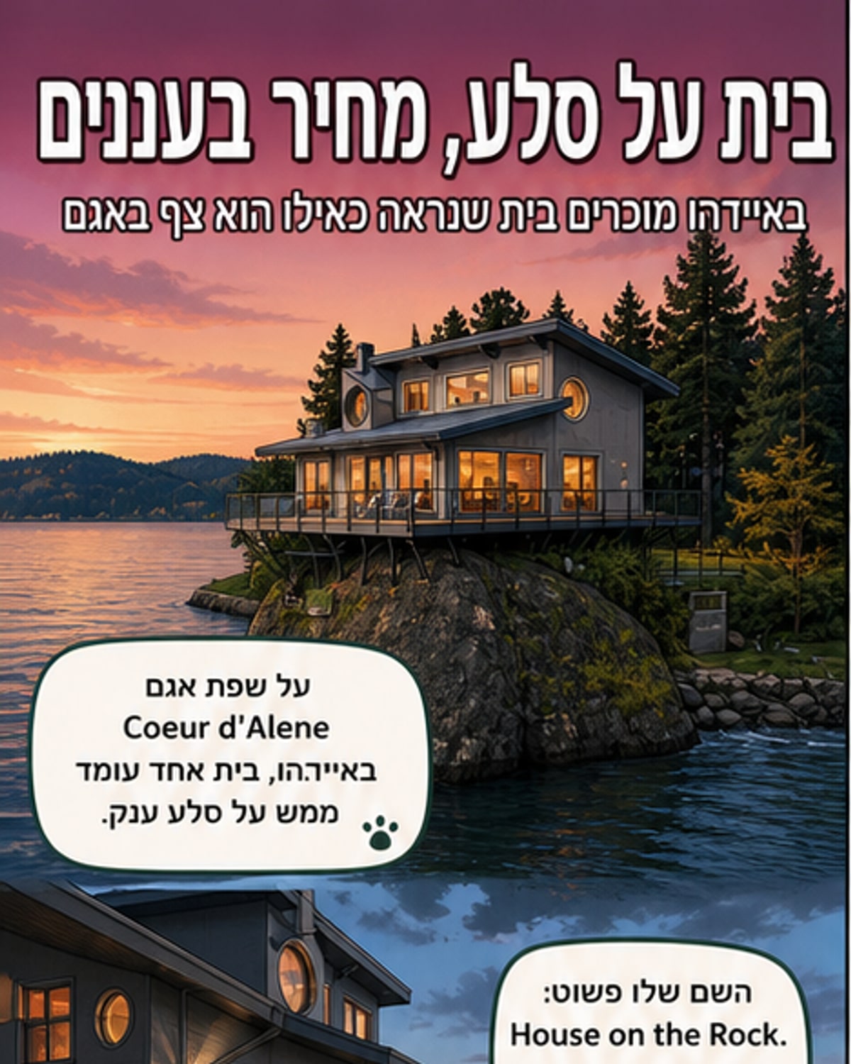 הבית 'House on the Rock' באידאהו, ארה"ב, בנוי על סלע טבעי עם קירות זכוכית ונוף פנורמי לאגם.
