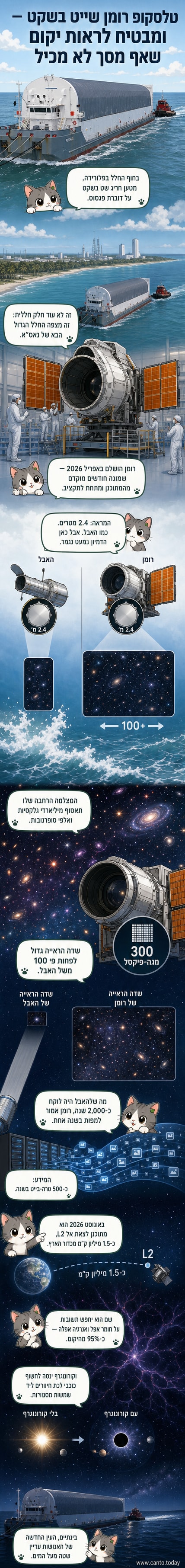הטלסקופ 'רומן' מונח על סיפון ספינת ה-Pegasus של נאס"א, מוקף בציוד בטיחות, על רקע נוף ימי.