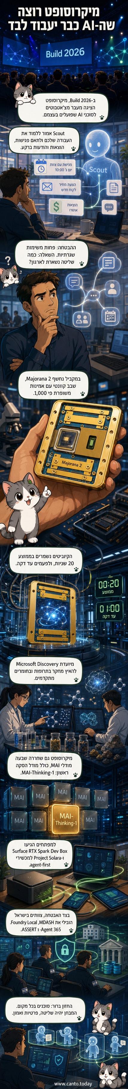איור של עוזר דיגיטלי שטס בין מסך מחשב, טלפון ומכשירים חכמים, עם סמלים של בינה מלאכותית, קוונטים ומנעול אבטחה ברקע.