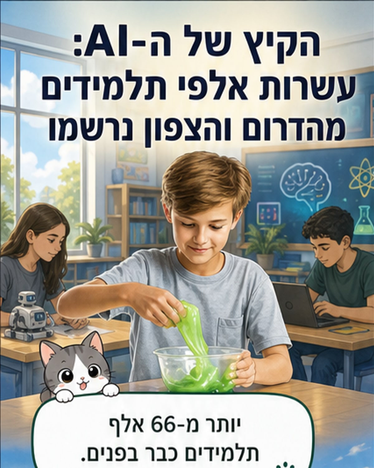 תלמידים עובדים על מחשבים במכינת קיץ טכנולוגית, עם שלט 'ישראל ריאלית' ברקע