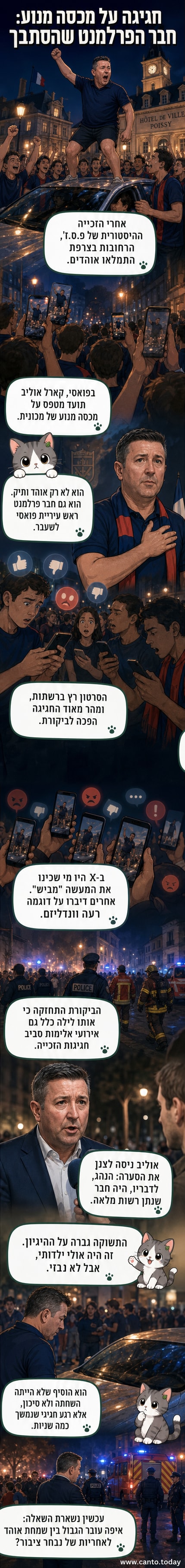 חבר פרלמנט צרפתי עומד על מכסה מנוע של מכונית תוך שהוא לובש חולצת פ.ס.ז', בהשתתפות קהל צוער.