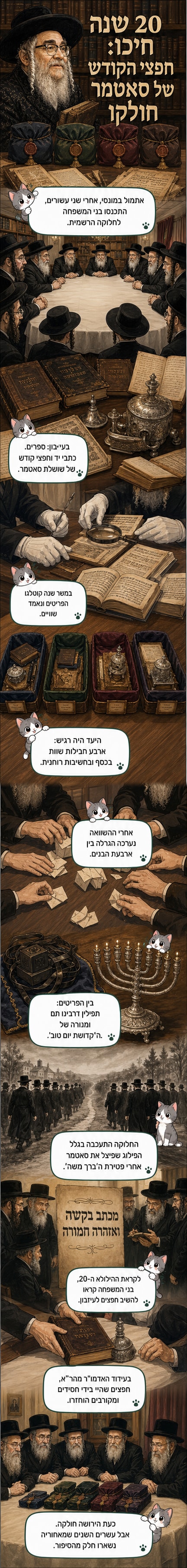 ארבע חבילות עם חפצי קודש של האדמו"ר מסאטמר מונחות על שולחן עץ, מוקפות בספרים וכתבי יד עתיקים.