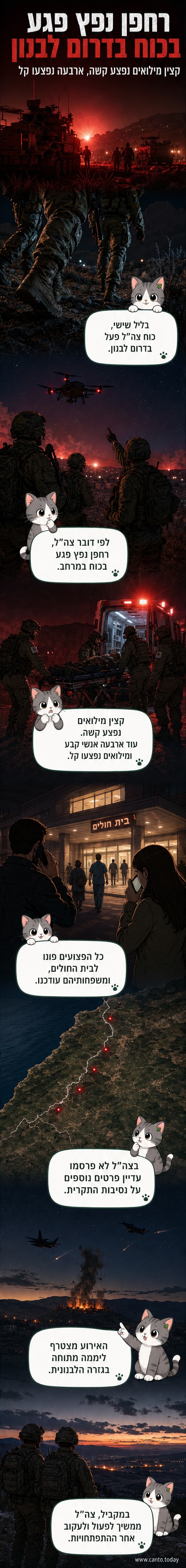 איור של כוח צבאי בדרום לבנון, עם רחפן נפץ מרחף מעל השטח וסימני פגיעה על הקרקע.