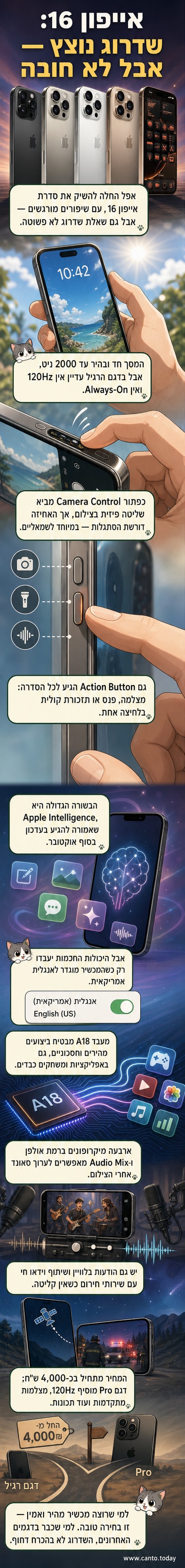 אייפון 16 על רקע בהיר, עם מצלמה אחורית ומסך דולק שמראה את ממשק הצילום החדש