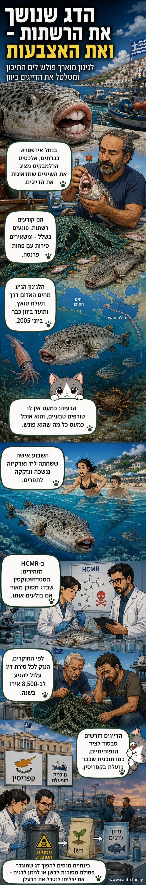 דייג מחזיק דג לגינון מוארך עם שיניים בולטות, על רקע נוף ימי. לווים בתמונות: רשתות קרועות, דגים פגועים, ומבנה כימי של טטרודוטוקסין.