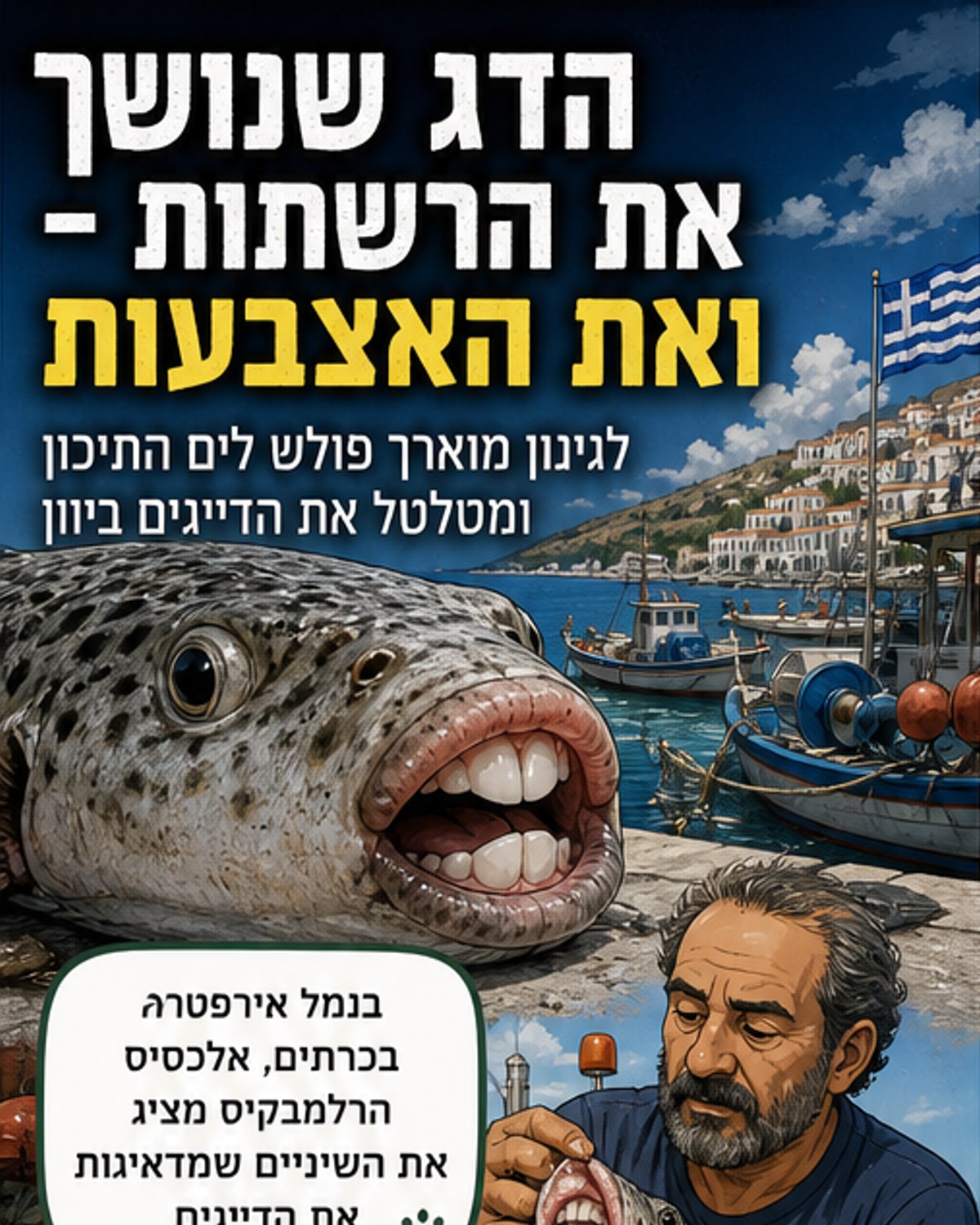 דייג מחזיק דג לגינון מוארך עם שיניים בולטות, על רקע נוף ימי. לווים בתמונות: רשתות קרועות, דגים פגועים, ומבנה כימי של טטרודוטוקסין.