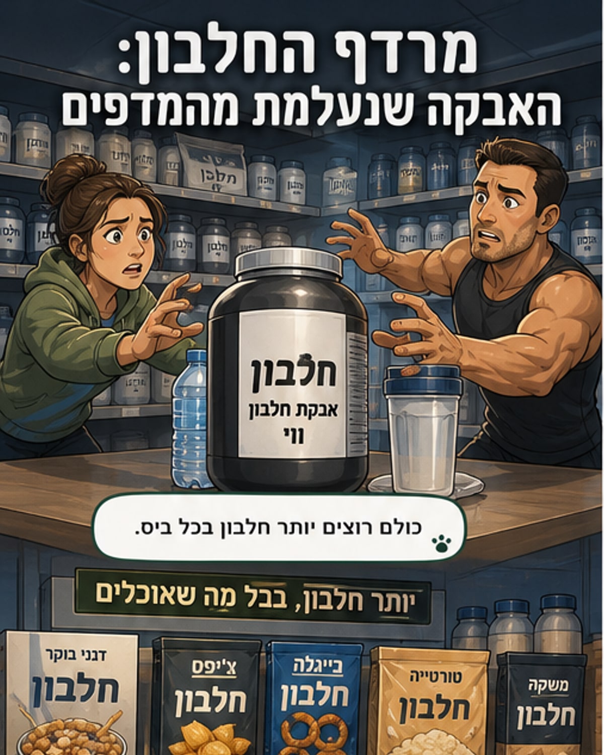 תמונה של שקיות אבקת חלבון על רקע מכולות במפעל, עם סמלים של חלבון ווי