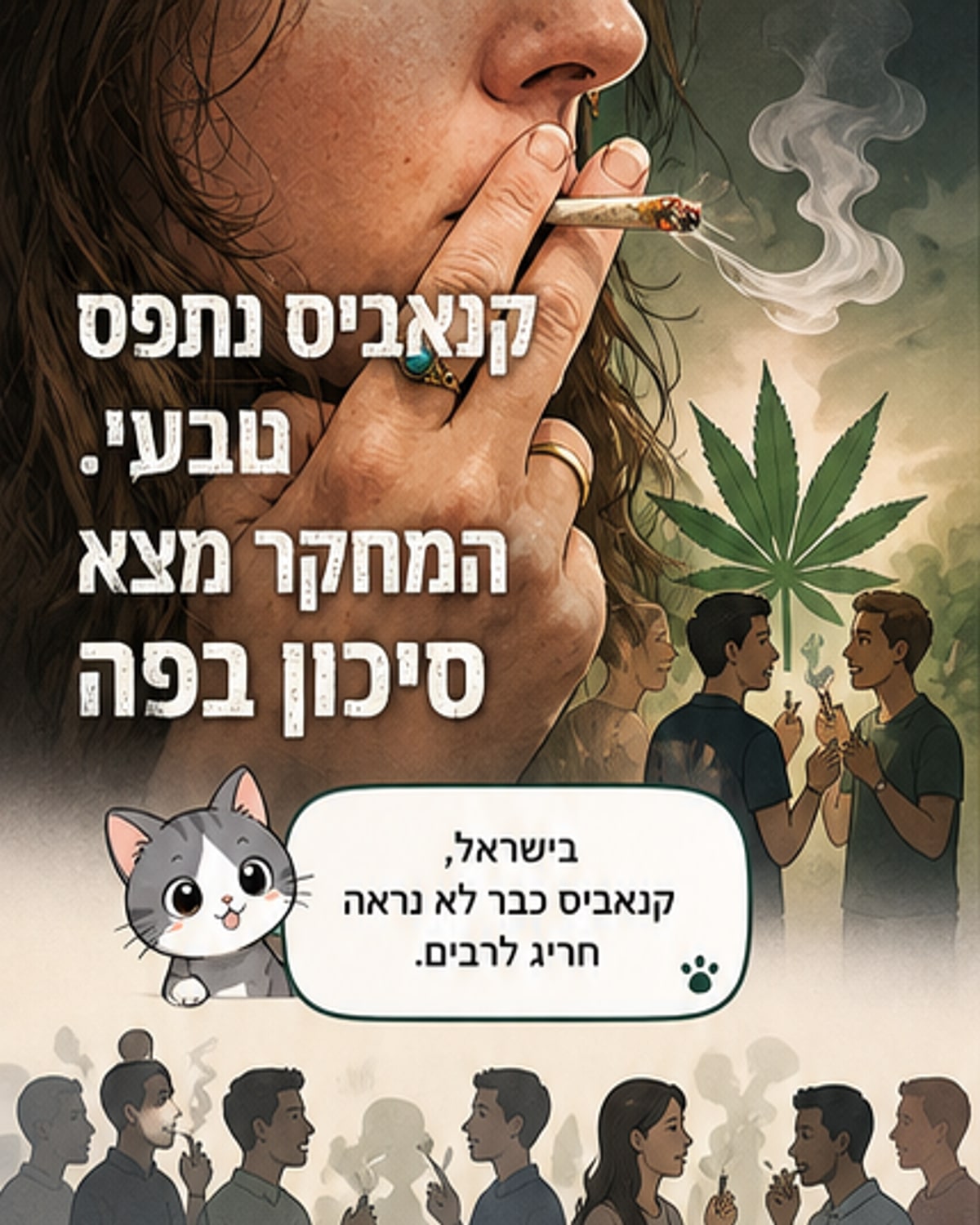 איור של אדם מעשן קנאביס, עם חתך של פה וריאה שמראים פגיעה בתאים всרף עשן.