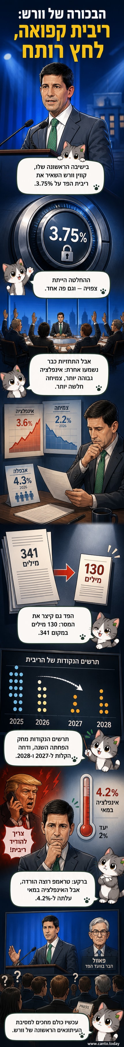 יושב ראש הפדרל ריזרב קווין וורש יושב מאחורי שולחן עץ עם מיקרופון, ברקע מסך עם גרף ריבית.