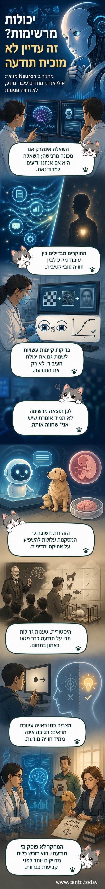 איור של מוח אנושי ורשת עצבית מלאכותית צף זו לצד זו, עם קו מפריד ביניהם וסימני שאלה מעל כל אחת.