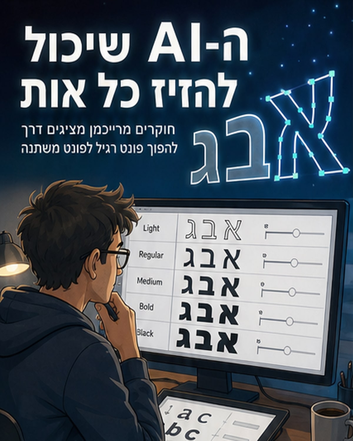 איור של אותיות עבריות ורומיות משתנות בעובי וברוחב, עם קווי גבול ונקודות וקטור מודגשות, ברקע מסך מחשב עם קוד וגרפים נוירוניים.