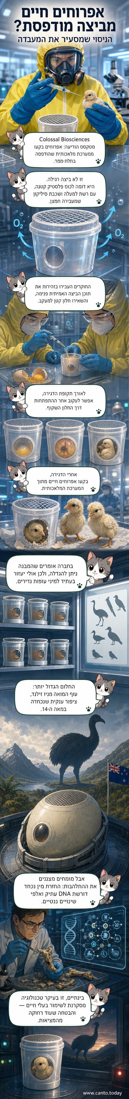 איור של אפרוח בוקע מביצה מלאכותית מודפסת בתלת-ממד, עם מבנה רשת עליון ורקע מעבדתי