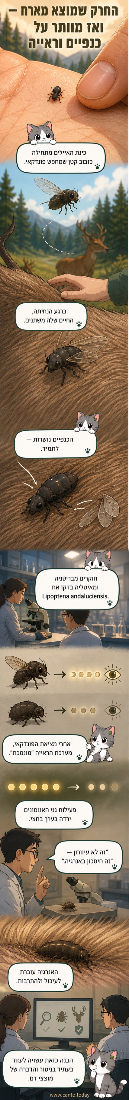 איור של כינת איילים זוחלת בפרוות אייל, עם השוואה בין מבנה עין של כינה מעופפת לבין כינה לאחר איבוד הכנפיים.