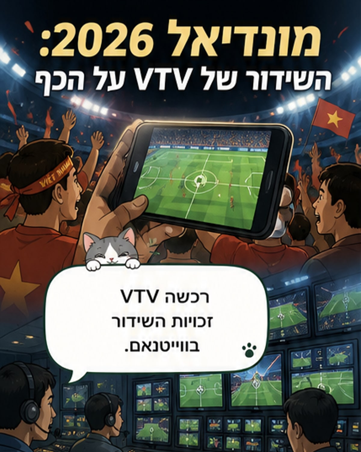 איור של שחקן כדורגל שומר על כדור מול רקע של מסך שידור עם אזהרת זכויות יוצרים.