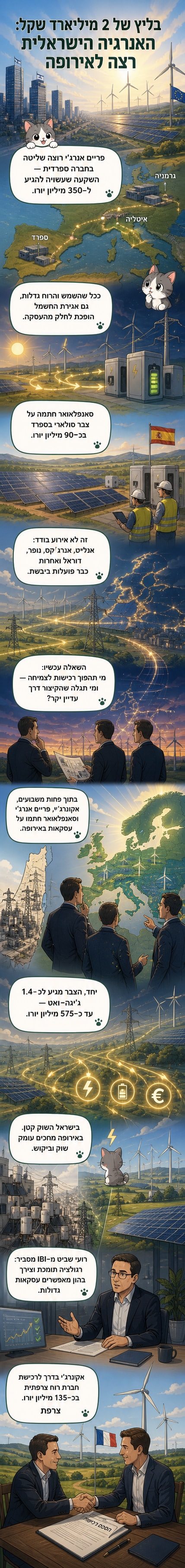איור של שלושה לוגואים של חברות אנרגיה ישראליות מעל מפת אירופה, עם סמלים של טורבינות רוח ופאנלים סולריים סביבן.