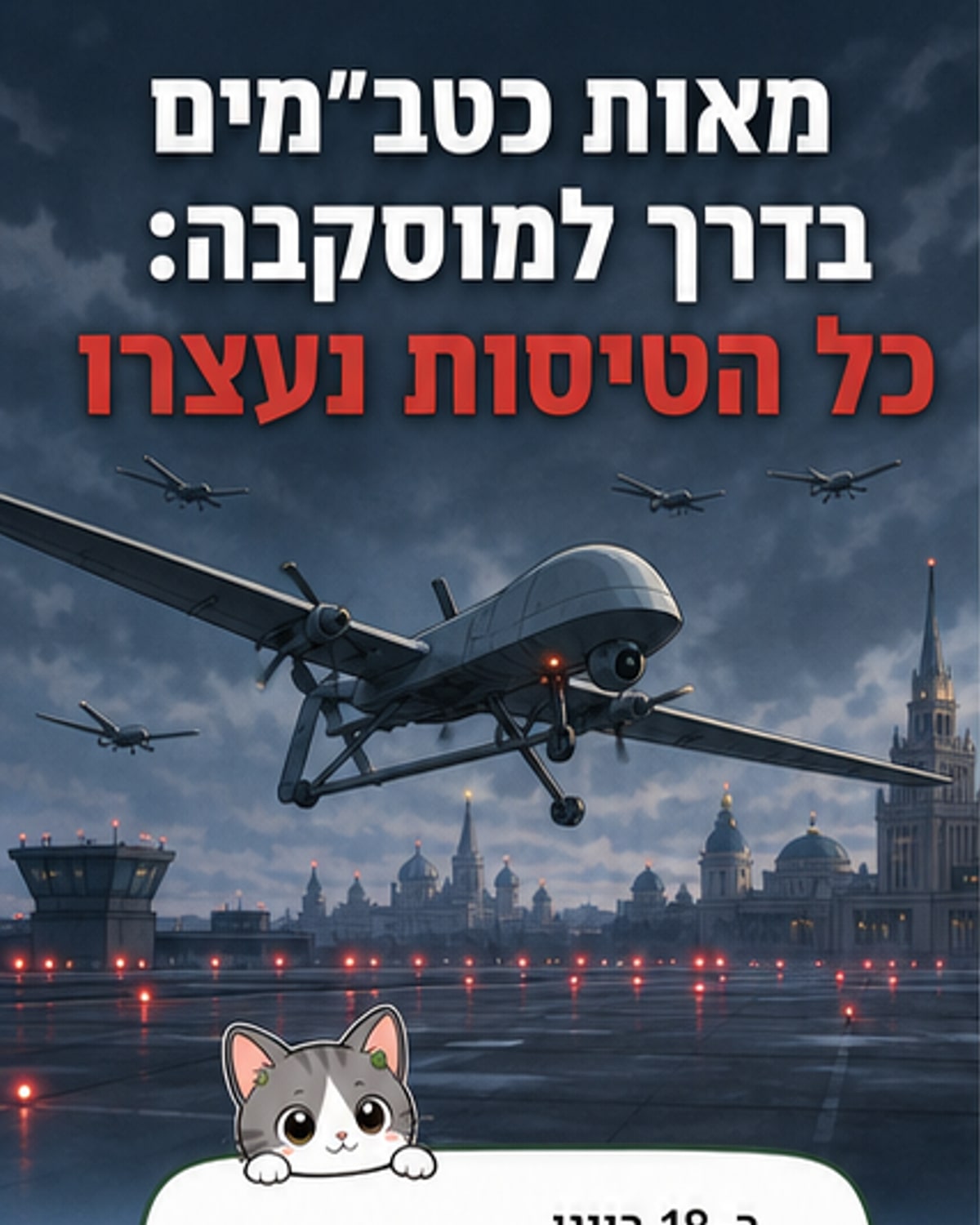 מוניטור שמציג כיבוש של שדות תעופה במוסקבה עם תראים אדומים ותמונות של כטב"מים בשמיים.