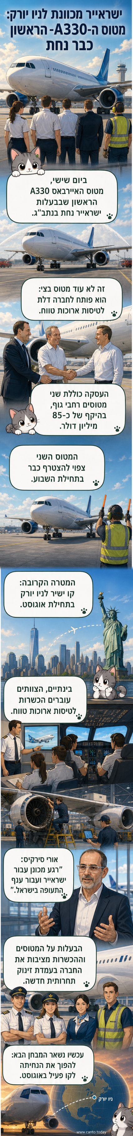 מטוס איירבאס A330 של ישראייר נוחת בנתב"ג, עם הלוגו של החברה על הזנב, בצל שבת ישראלית.