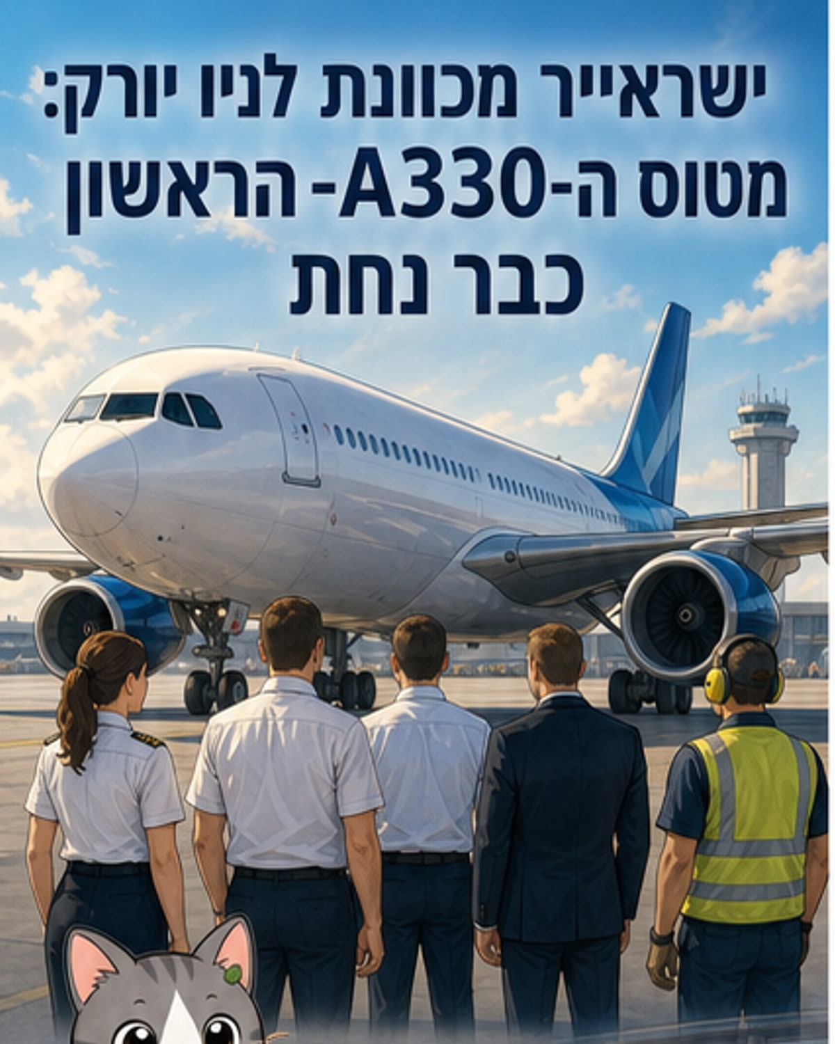 מטוס איירבאס A330 של ישראייר נוחת בנתב"ג, עם הלוגו של החברה על הזנב, בצל שבת ישראלית.