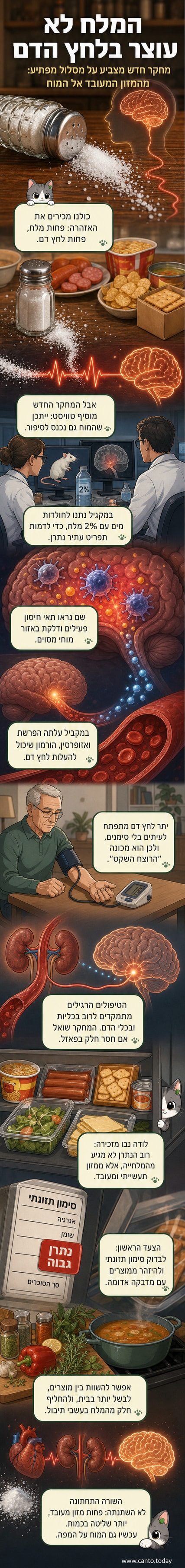 איור של מוח עם תאי חיסון פעילים באזור מרכז, וצלמיות של מזון עתיר מלח כמו קרקרים, נקניקים ומרק מוכן.