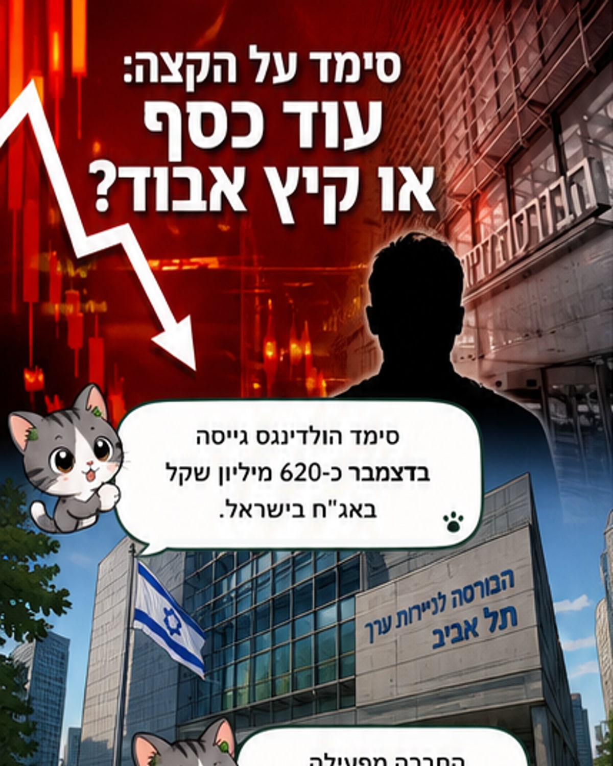 איור של בניין בורסה עם סמלים של שוק ההון, לצד לוח עם תאריכים וסכומים של משיכת כספים והצבעה קריטית.