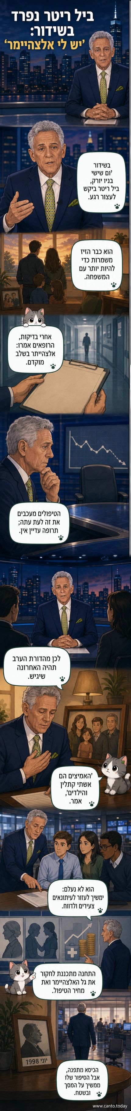 בקרבת מסך שידור טלוויזיה, מ presenter אמריקאי מבוגר עומד על בימה עם מיקרופון, מאחורי שלט 'ABC7 Eyewitness News'. פניו רציניות, האור רך. טקסט קטן בפינה: 'ביל ריטר מודיע על פרישה всטיות של אלצהיימר'.