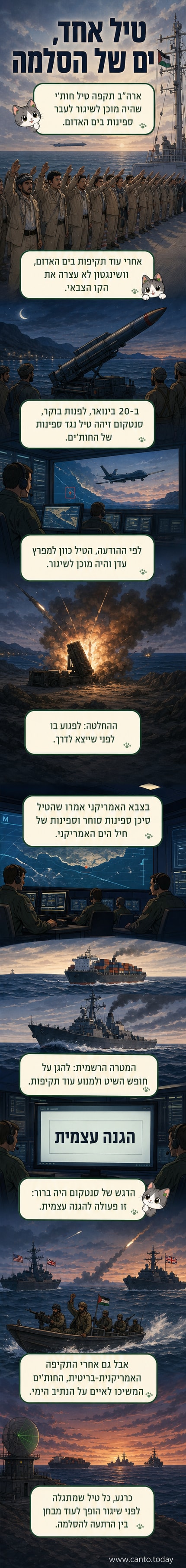 איור של טיל על רכב שיגור בתימן, מוקף על ידי מטוסי קרב אמריקניים בשמיים.