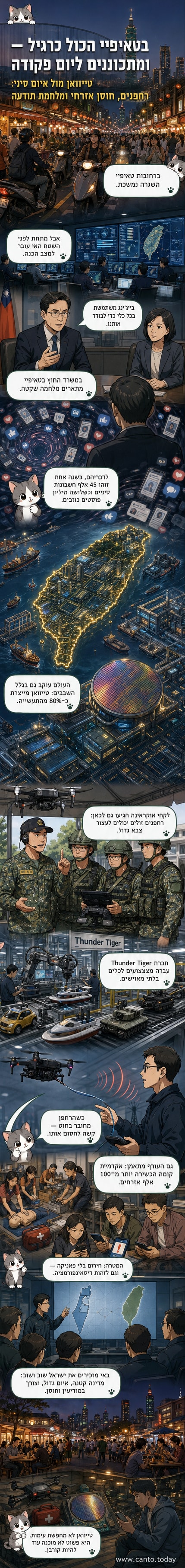 רחובות עירוניים בטאיפיי, עם שלטונים צבעוניים ותנועה רבה, על רקע תצוגת רחפן צבאי קטן.
