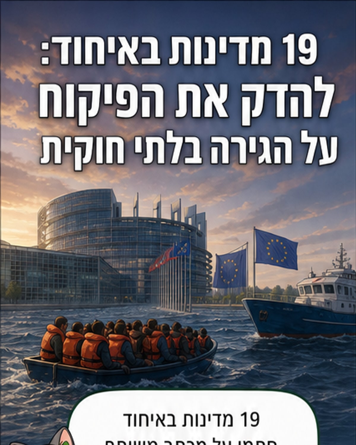 איור של מפה אירופית עם דגלי 19 מדינות, מתחתיו כיתוב: 'מדינות האיחוד האירופי קוראות להחמרת שליטה בהגירה'.