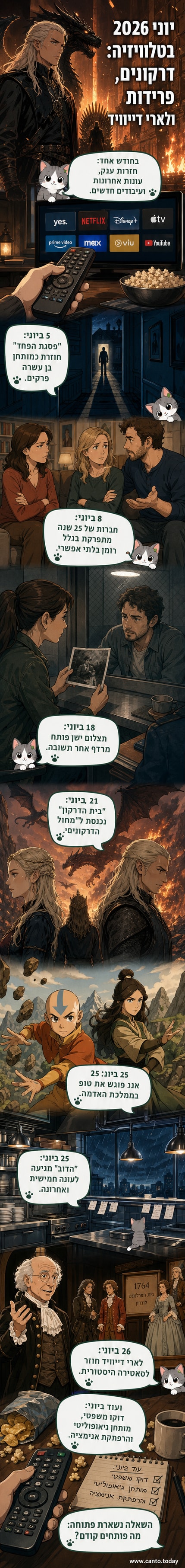עטיפת סדרות טלוויזיה מובילות ליוני 2026, כולל 'בית הדרקון', 'הدוב' ו-'Life, Larry and the Pursuit of Unhappiness'