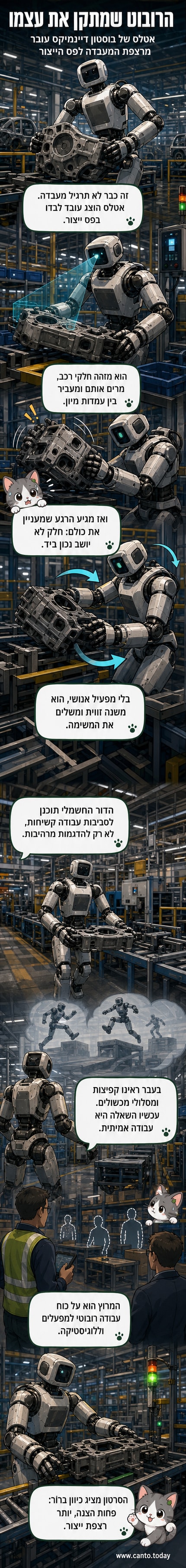 רובוט הומנואידי בשם אטלס של Boston Dynamics עומד בתוך מפעל, מחזיק חלק של רכב, עם רקע של פס ייצור תעשייתי.