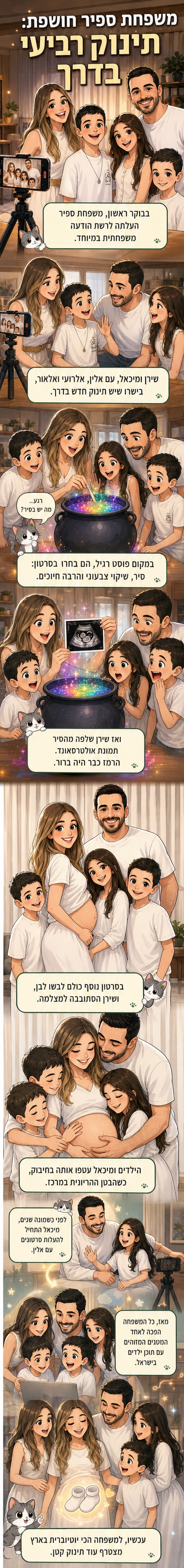 משפחת ספיר מחייכת יחד, כששירן מגלה את בטנה ההריונית, שלושת ילדיהם ובעלה עוטפים אותה באהבה.