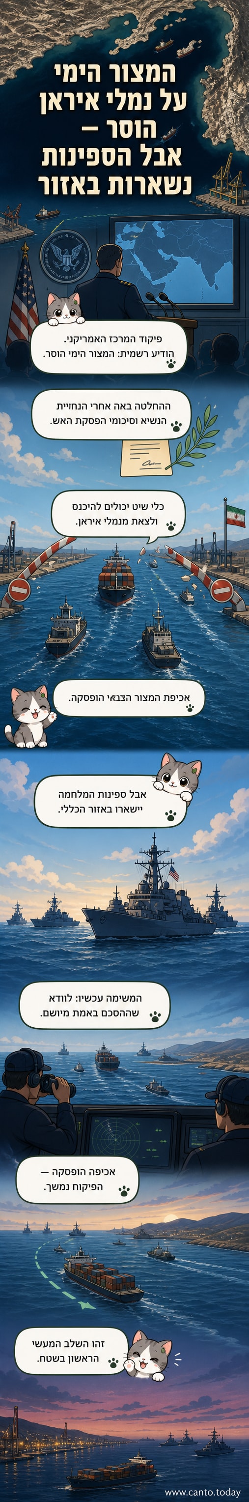 ספינת מלחמה אמריקנית בים, עם כותרת 'המצבור הימי על איראן הוסר'