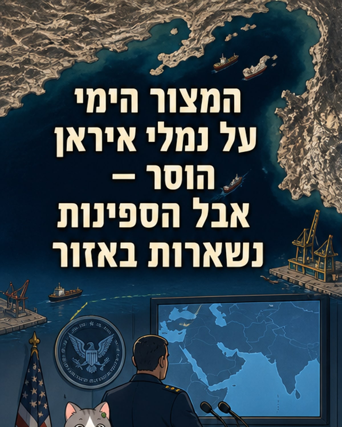 ספינת מלחמה אמריקנית בים, עם כותרת 'המצבור הימי על איראן הוסר'