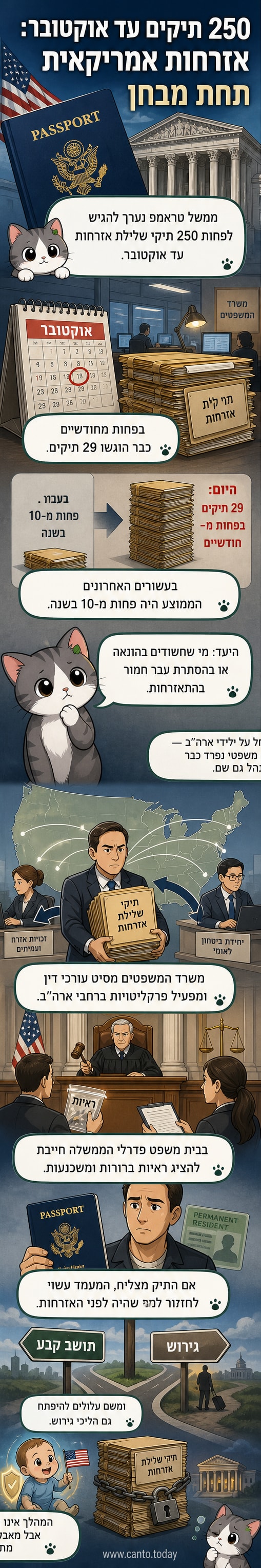 איור של בית משפט אמריקאי עם דגל ארצות הברית, ודמות עומדת לבדידות מול שופט – מייצג את התהליך המשפטי לשלילת אזרחות.