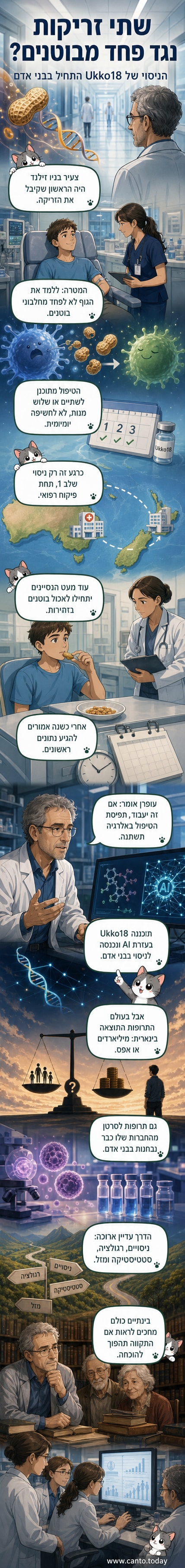 איור של מערכת החיסון של גוף האדם ש'meet' מולקולת RNA שפותחה בעזרת בינה מלאכותית, בדרכה להפסיק תגובה אלרגית לחלבוני בוטנים.