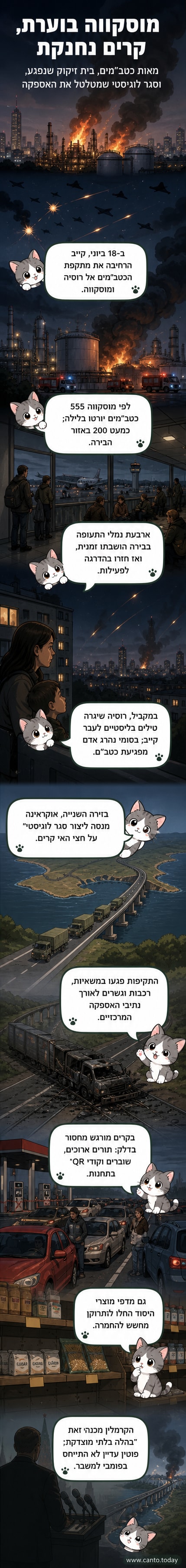 תצלום לוויין של ענן עשן שחור מעל בית זיקוק במוסקבה, לצד תצלום רחוב בקרים עם תור ארוך בתחנת דלק ומדפים ריקים בסופרמרקט.
