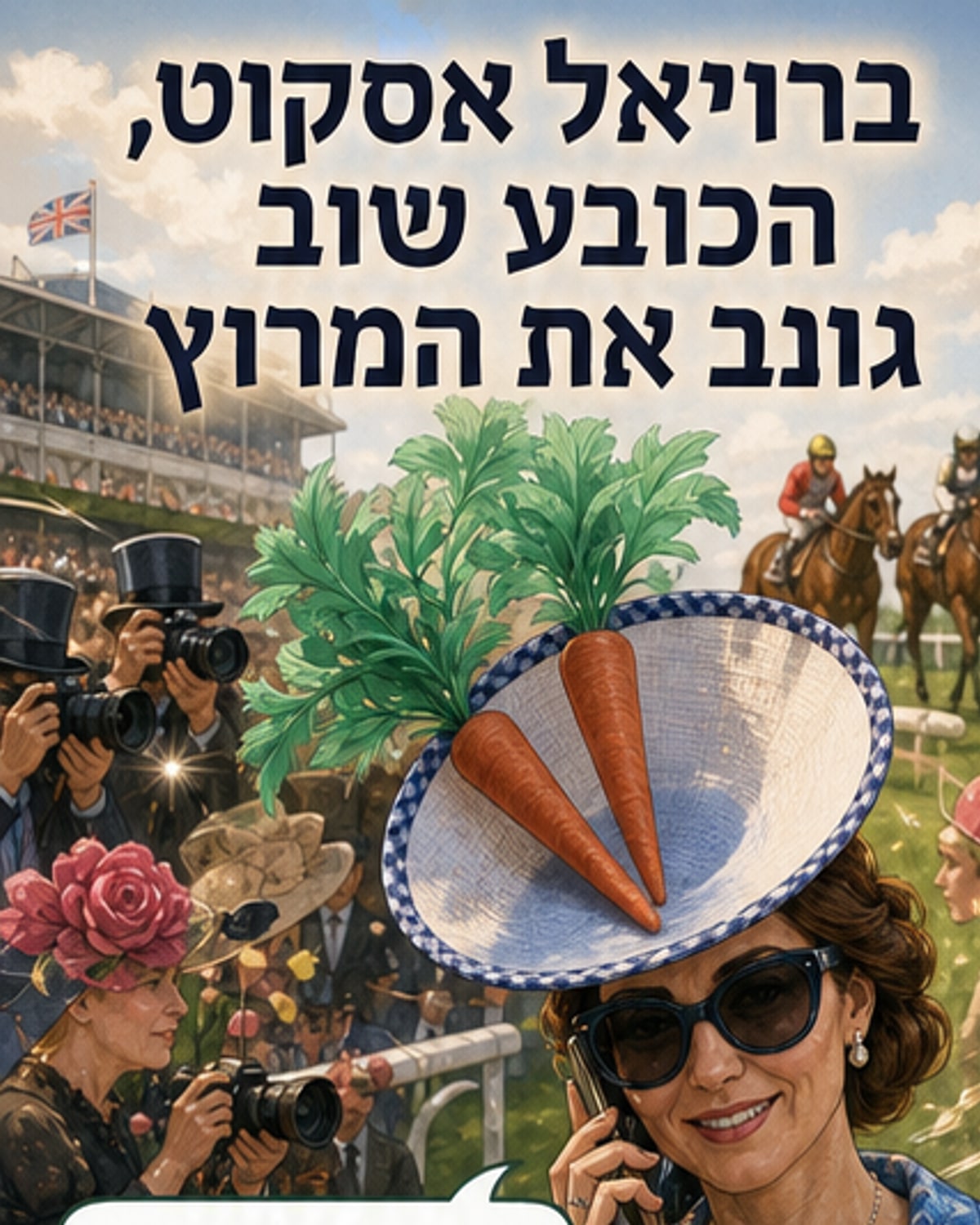 קהל צבעוני במרוץ הסוסים של הרויאל אסקוט, נשים עם כובעים מפוארים, קייט מידלטון בשמלה צהובה וכובע, המלכה קמיה בשמלה בהירה וכובע רחב