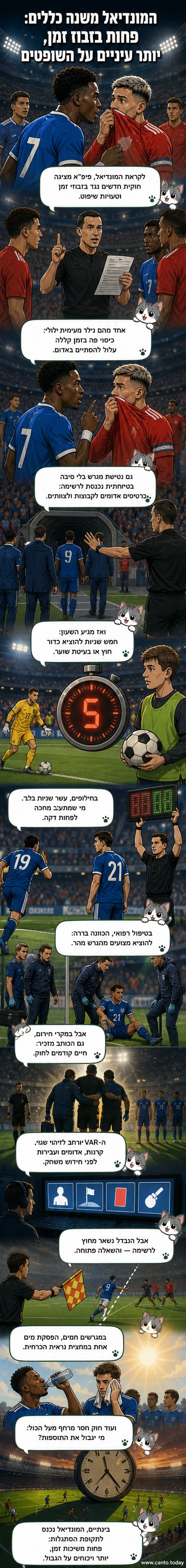 איור של שחקני כדורגל עומדים סביב שופט, עם סמלים של שעון, כרטיס אדום ומסך VAR.