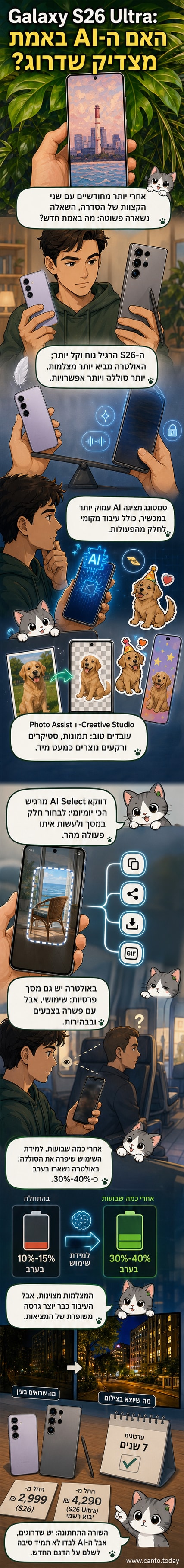 השוואה בין סמסרטפונים סמסונג גלaksi S26 ו-S26 Ultra, עם תצוגת מסך, מצלמות, ויכולות AI.