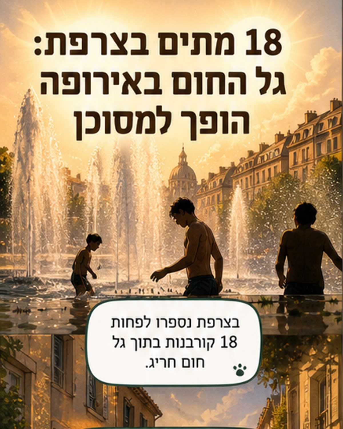 איור של שמש גדולה מעל צרפת, עם סמלים של ילדים, קשישים ומים, וטמפרטטורה של 41 מעלות