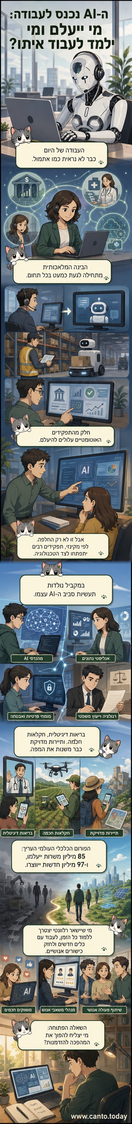 איור של אדם עומד מול רובוט שמחזיק לוח עבודה, שניים עובדים יחד סביב שולחן עם מסכים של בינה מלאכותית, סמל של שינוי מקצועי בעידן דיגיטלי.