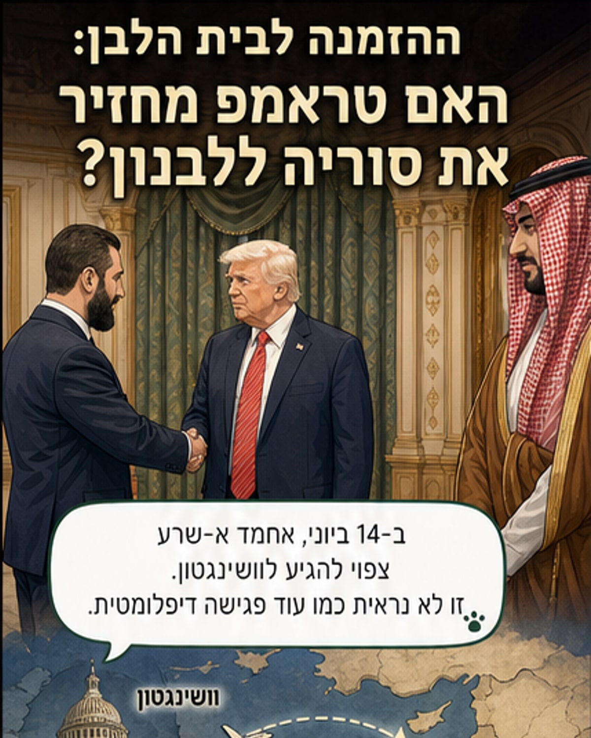 איור של נשיאי ארה"ב, סוריה ולבנון עומדים על רקע מפת המזרח התיכון, עם קו מתאר בין וושינגטון לדמשק ולבנון, וסמל של שלום וסמל של מINE.