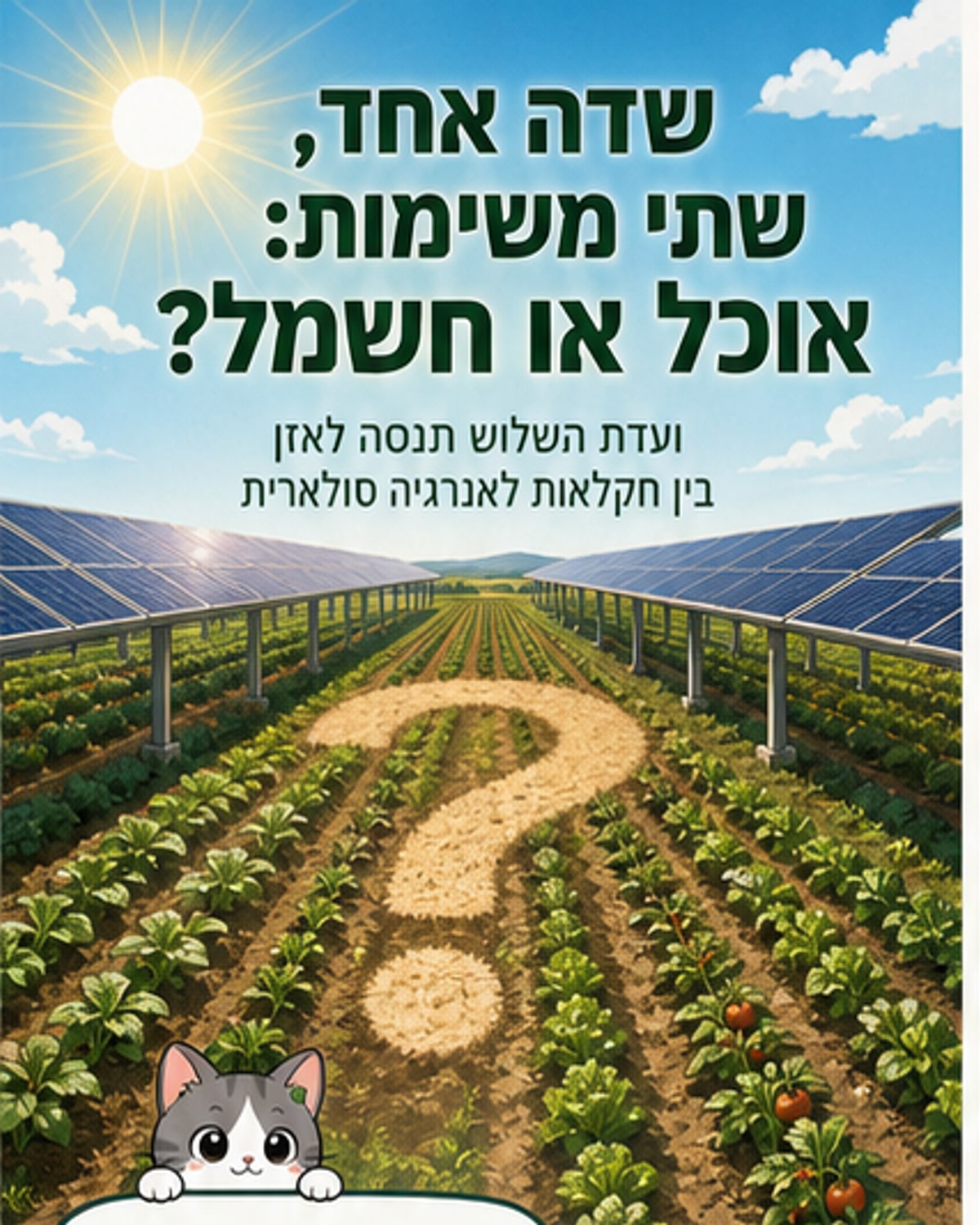 שלוש נשים במדים מקצועיים עומדות יחד, מאחורי שורה של פאנלים סולריים בשדה חקלאי.