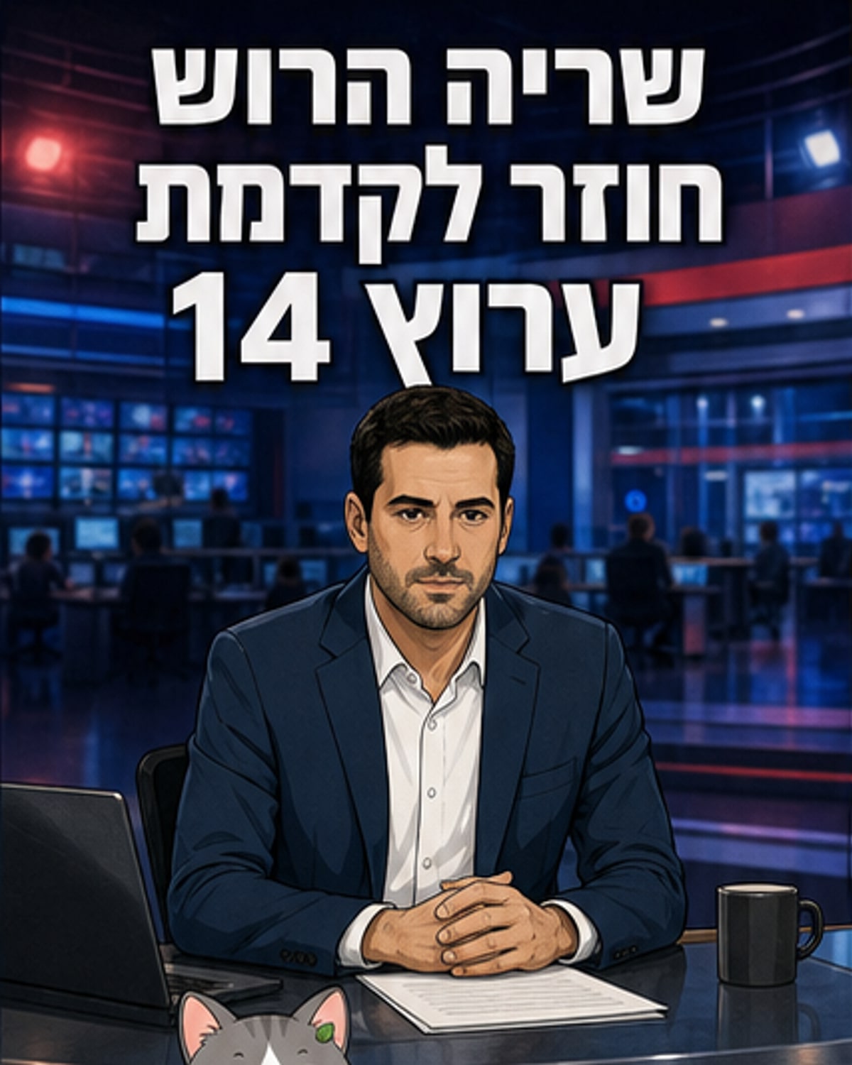 שרטוט של עיתונאי עומד מול שלט עם הלוגו של ערוץ 14, מחזיק מיקרופון, ברקע תמונת רקע של סטודיו חדשות