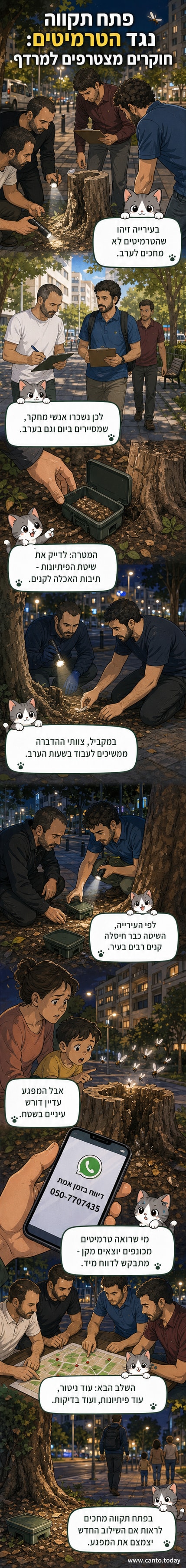 עובדי עירייה וחוקרים עומדים ליד עץ עם תיבת אכלה מותקנת לטרמיטים, כחלק מהפרויקט בפתח תקווה.