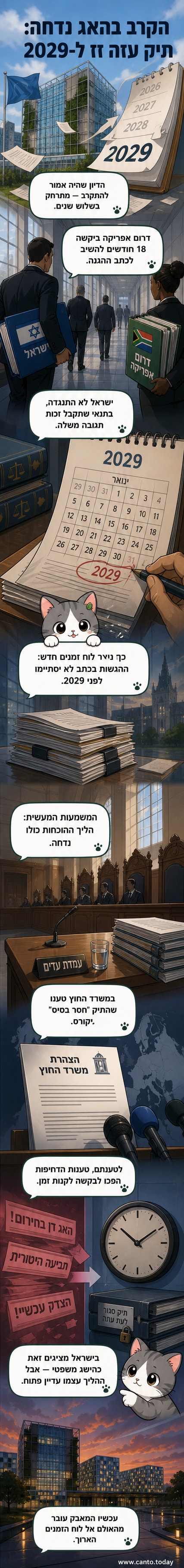 איור של בניין בית הדין הבינלאומי בהאג עם דגלי ישראל ודרום אפריקה, וסמל שמעיד על עיכוב של שלוש שנים בתיק הפשע נגד האנושות.