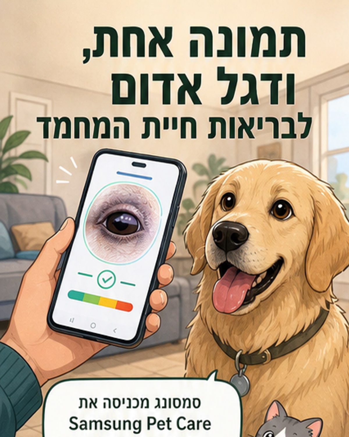 איור של יד מחזיקה טלפון שמראה תמונה של כלב, עם תצוגת ניתוח בריאות על המסך: סימני דלקת, שינוי פרווה, התנהגות חריגה